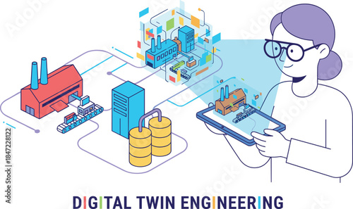 Woman using tablet for digital twin engineering of factory