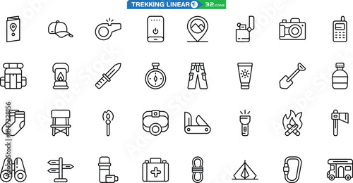 Trekking and Outdoor Adventure Icons Set: Linear Style for Hiking, Camping, Travel, Map, Compass , Navigation and more Vector Editable Stroke Icons Vector Illustration