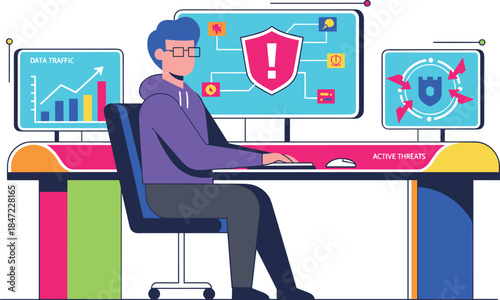 Cybersecurity expert monitoring active threats on multiple monitors