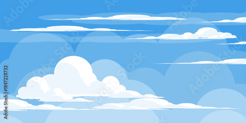 Illustration of a blue sky with white clouds in a flat style. Blue sky background and white clouds. Cartoon sky	