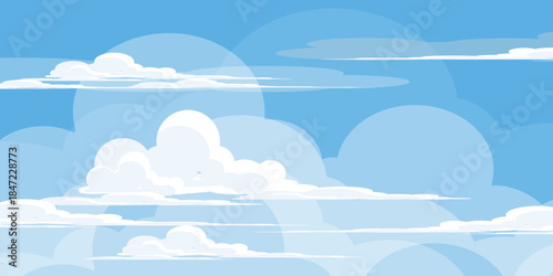 Illustration of a blue sky with white clouds in a flat style. Blue sky background and white clouds. Cartoon sky	