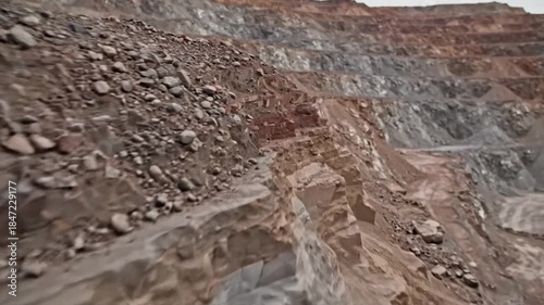 Panoramic view of a large industrial open pit mine showing layered rock formations and extensive excavation