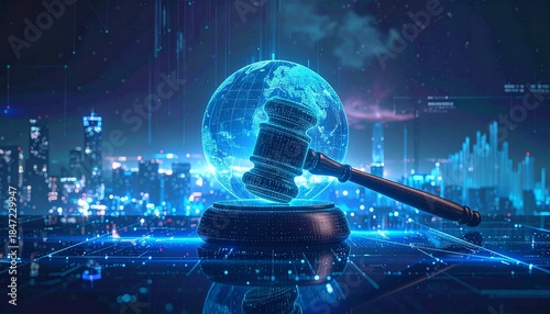 Digital Gavel Floating Above Illuminated Cityscape Depicting AI and Legal Tech Concept