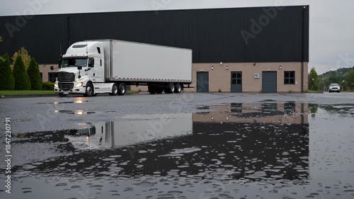White semi-truck and its trailer moving on a wet asphalt pavement, reflecting in a large puddle in front of a modern commercial warehouse building, implying logistics and freight transportation