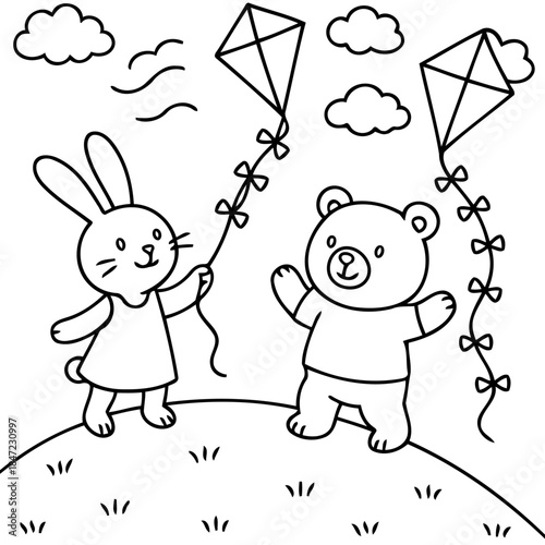 Kite playtime: A whimsical illustration of a joyful bear and rabbit spending time playing kites and creating a cheerful and serene atmosphere.