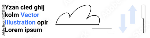 Data transfer, cloud technology, communication design, file sharing, information exchange, and digital connection. Abstract cloud with arrows and text components. Data transfer and cloud technology