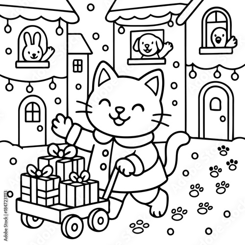 Holiday Cheer Delivered: A heartwarming illustration of a cheerful cat, dressed warmly, joyfully pulling a cart filled with holiday gifts through a snow-covered town. Residents, including a rabbit.