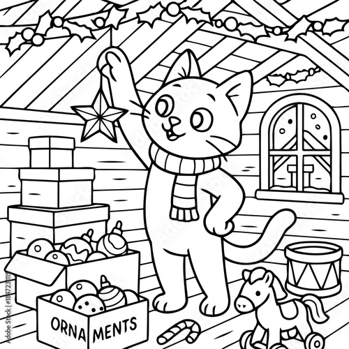 Christmas Kitten's Festive Dream: A cute kitten, adorning a star ornament amidst the festive decorations, fills the air with joyful anticipation, ready for Christmas.