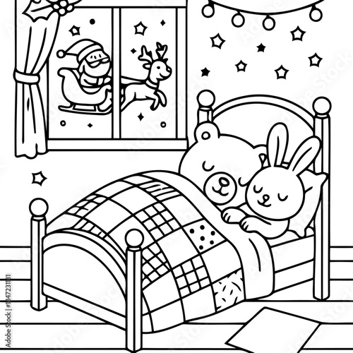 Cozy Dreamland: A black-and-white illustration of a peaceful bedroom scene, complete with a snug bed, sleeping toys, a window revealing Santa Claus and a reindeer, creating a heartwarming atmosphere.