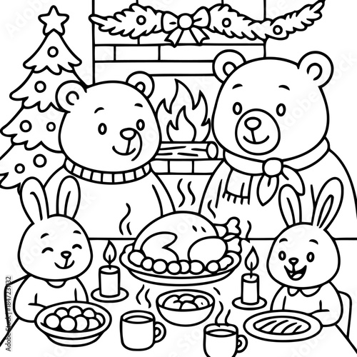 Festive Feast: Illustration of a heartwarming Christmas gathering featuring a bear family, along with bunnies around a decorated dining table, ready to enjoy a festive feast with a glowing fireplace.