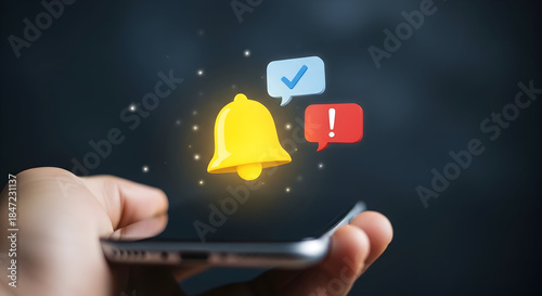 Hand holding smartphone with notification icons and glowing bell