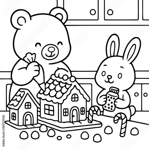 Gingerbread House Workshop: A heartwarming illustration shows a bear and a rabbit meticulously crafting gingerbread houses, capturing the joy of festive baking in a cozy kitchen.