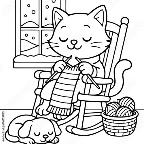 Cozy Cat Knitting: A charming cartoon depicts a contented cat diligently knitting, snug in a rocking chair with snow falling softly outside. Capturing a cozy, relaxing winter moment.
