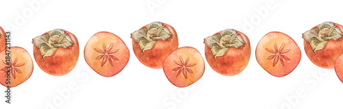 Fotografie Watercolor seamless border with slice of persimmon on white background