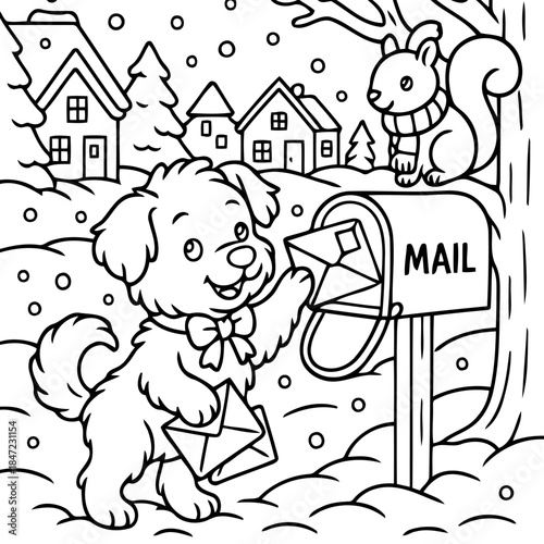 A Dog's Delivery Delight: A heartwarming scene unfolds as a cheerful dog, clad in a bow tie, joyfully delivers mail to a mailbox, with a friendly squirrel observing the winter wonderland. 