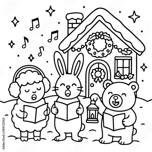 Joyful Carollers: In a heartwarming scene, an adorable ensemble of musical creatures joyfully sing carols, their voices filling the winter air with festive cheer.