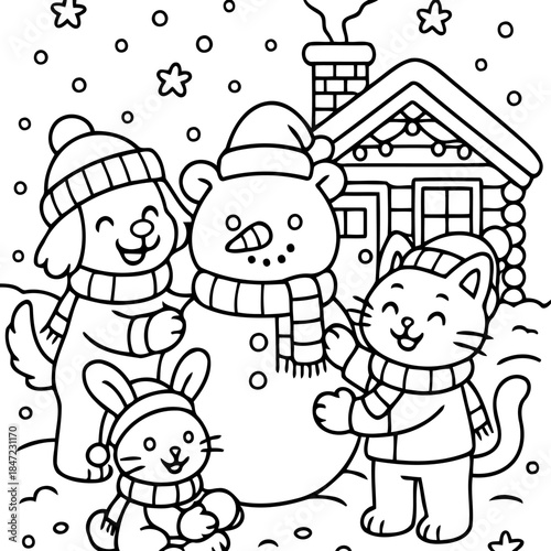 Winter Wonderland Companions: A heartwarming scene unfolds as a snowman, dog, cat, and bunny come together for an unforgettable winter season.