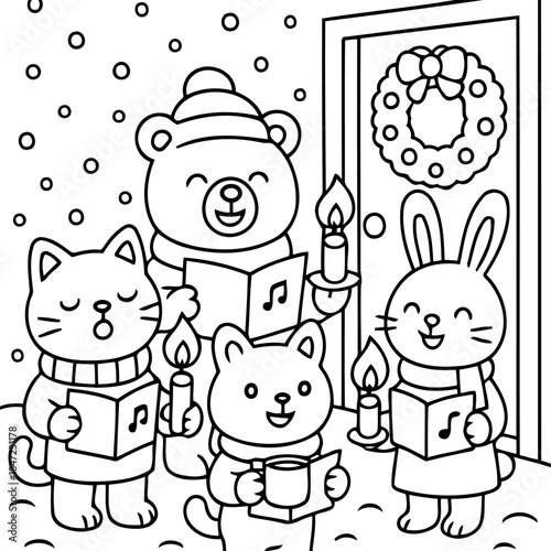 A Winter's Carol: A quartet of endearing, cartoonish animals, adorned in winter attire, gather in front of a snow-kissed door, singing carols with candles aglow and hearts full of festive cheer. 