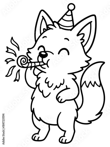 Fox Celebration: A charming cartoon fox sporting a party hat and a party blower, is filled with merriment and delight! The black and white style brings out the joy!