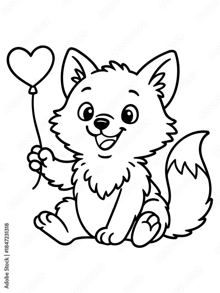 Obraz premium Adorable Fox Cub with Heart Balloon: A charming illustration depicts a sweet fox cub, its eyes sparkling with joy, holding a delicate heart-shaped balloon, exuding an aura of innocence and affection.