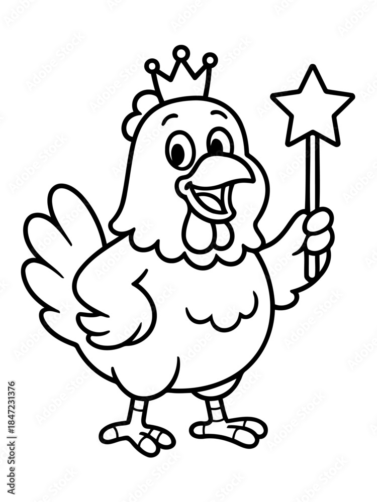 Fototapeta premium Cartoon Hen with Crown and Star Wand: A cartoon hen, adorned with a regal crown and wielding a star wand, exuding a playful and whimsical vibe.