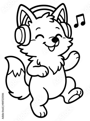 Joyful Fox Tunes: An animated fox wearing headphones, engrossed in the music, dances to a lively melody, exuding a playful and upbeat vibe. 