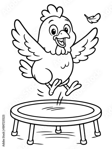 Joyful chicken: A cheerful illustration of a happy chicken bouncing on trampoline with joy. Its wings are spread wide as it leaps