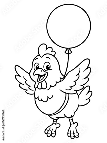 Whimsical Hen and Balloon: A cheerful hen takes flight, carried by a whimsical balloon, a playful illustration celebrating freedom and lighthearted fun.