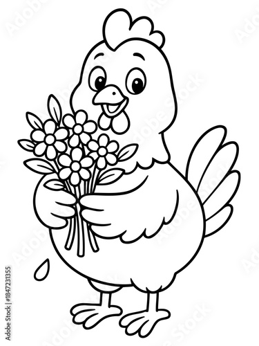 Joyful Chicken's Floral Gift: A charming cartoon chicken, a delightful figure, stands holding a bouquet of cheerful flowers, celebrating the joy of gifting and the simple pleasures of life.