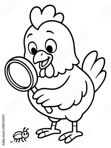 Curious Chicken and Tiny Bug: A whimsical cartoon chicken inquisitively examines a small insect through a magnifying glass, inviting curiosity and a sense of wonder.