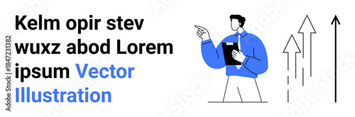 Business development, strategy planning, professional growth, data presentation, leadership, success. Person pointing while holding a clipboard, arrows growth. Business development and strategy