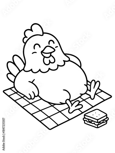 Cozy Chicken and Picnic: A cute and content chicken enjoys a relaxing picnic, lounging on a checkered blanket with a tasty sandwich nearby.