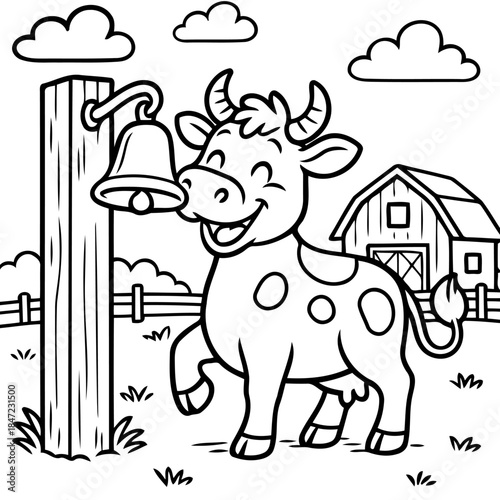 Farm Cow with bell: A cheerful cartoon cow rings a bell in a charming farm setting, evoking a sense of rural joy and simplicity.