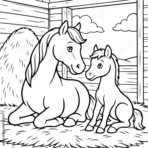 Mother and Foal's Bond: A heartwarming illustration of a gentle mother horse and her adorable foal. They share a tender moment of connection within a cozy stable setting. 
