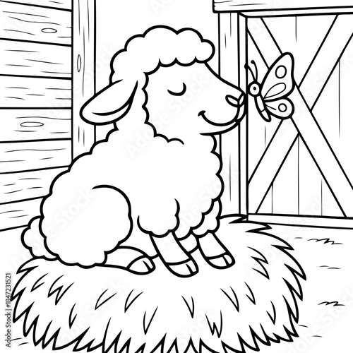 A Sheep's Serenade: A black and white illustration depicts a serene lamb, basking in the presence of a delicate butterfly, evoking a feeling of calm and simplicity.