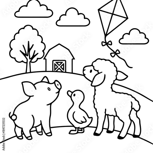 Farm Friends: A cheerful scene with farm animals (pig, duckling, sheep) looking at a kite above the barn. Capturing the innocence of countryside and the beauty of nature.