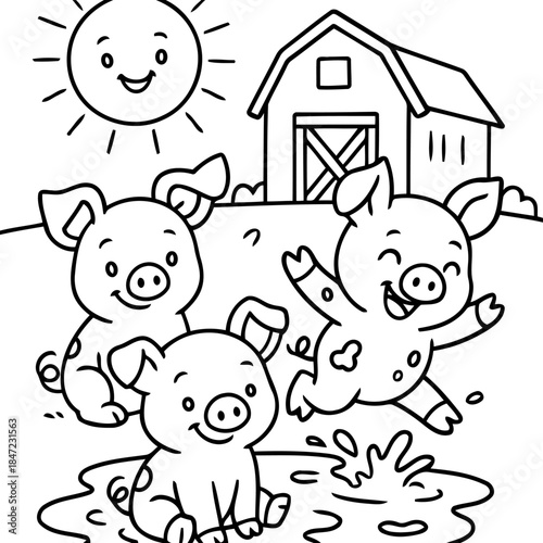 Cheerful Piglets in Muddy Play: A delightful scene of three gleeful piglets reveling in a muddy puddle, basking under the warmth of a cheerful sun near a quaint barn.