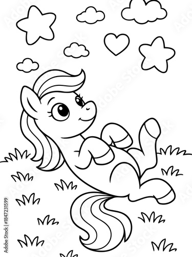 Cute Pony: A charming pony lies on its back surrounded by stars, clouds, and a heart, exuding innocence and delight. 