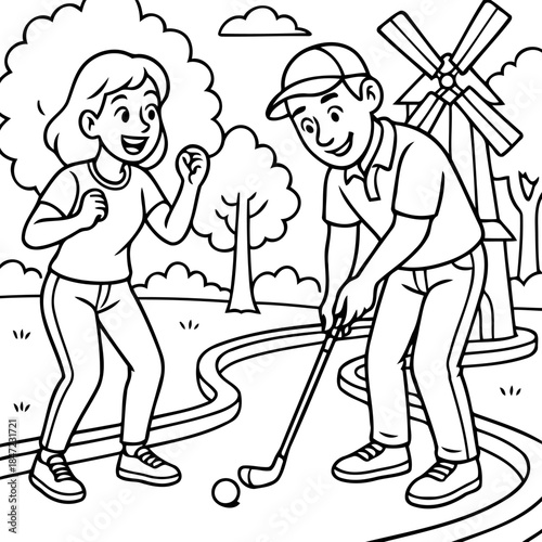 Mini Golf Fun: A joyful couple enjoys a sunny day playing miniature golf. The scene captures the charm of a leisure activity.