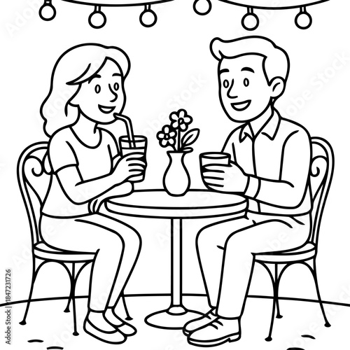 Romantic Cafe Rendezvous: A delightful illustration showcases a couple enjoying each other's company over drinks at a charming cafe table. the setting exudes romance and lightheartedness.