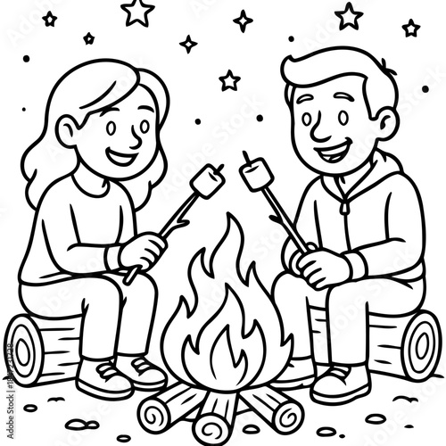 Camping Friendship Under the Stars: Two friends share laughter and warmth as they roast marshmallows over a crackling campfire, creating unforgettable memories under a starry night.