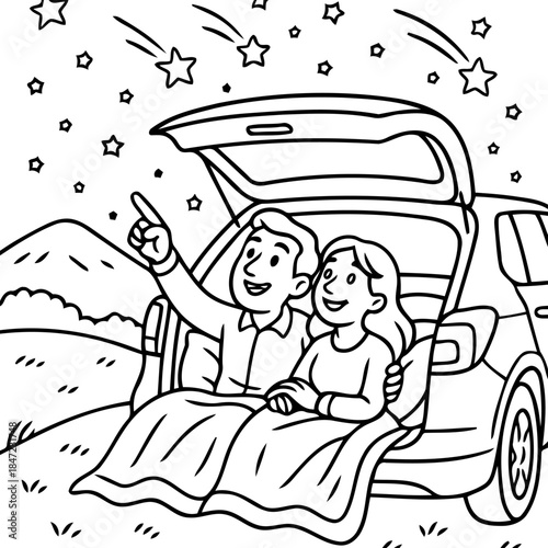 Stargazing Adventure: A joyful couple gazes at a cascade of shooting stars from the back of their car, embraced in a moment of celestial wonder. 