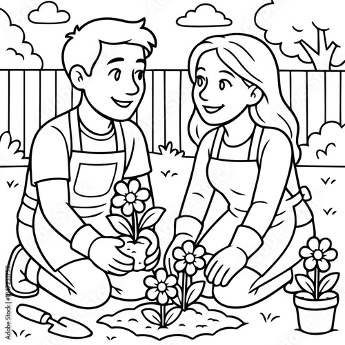 Cultivating Bonds: A couple shares a tender moment as they nurture their garden, planting a new flower with love and dedication.