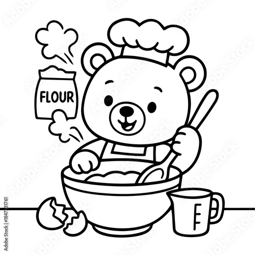 Baking Bear Illustration: A charming illustration depicts a friendly bear chef mixing ingredients in a bowl. With a chef's hat and apron, he embodies the joy of cooking.
