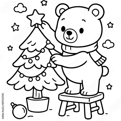 Festive Bear and Christmas Tree: A charming bear decorates the Christmas tree, placing the star with glee, embodying the magic of the holiday season.