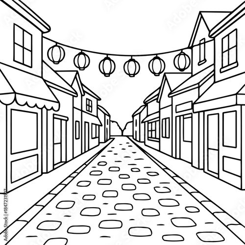 Street Scene with Hanging Lanterns: An inviting street scene is adorned with traditional hanging lanterns, offering a glimpse into cultural heritage. A line of charming shops.