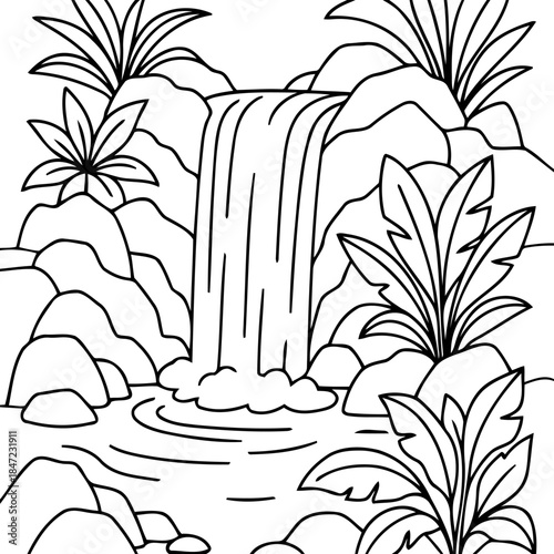 Waterfall tranquility: A minimalist illustration of a cascading waterfall flowing amidst rugged rocks and lush tropical plants, conveying a sense of serenity.