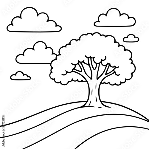 Nature's Monochrome: A serene landscape, outlined in stark black and white, depicts a solitary tree perched atop a rolling hill, embraced by a sky dotted with fluffy clouds. 