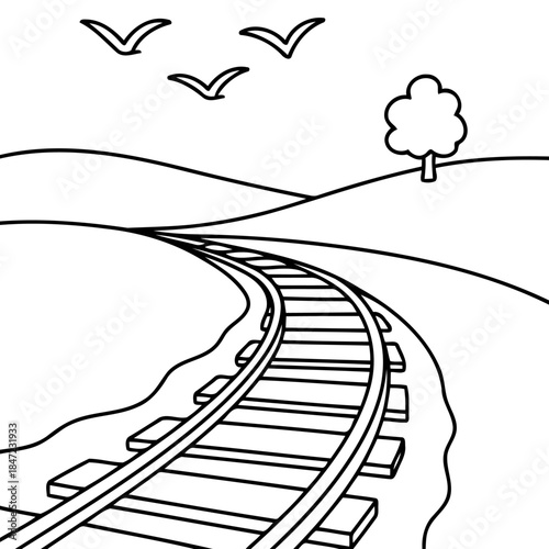 Navigating the Rails: A solitary train track winds through an inviting landscape, inviting viewers to embark on a journey of contemplation and exploration.