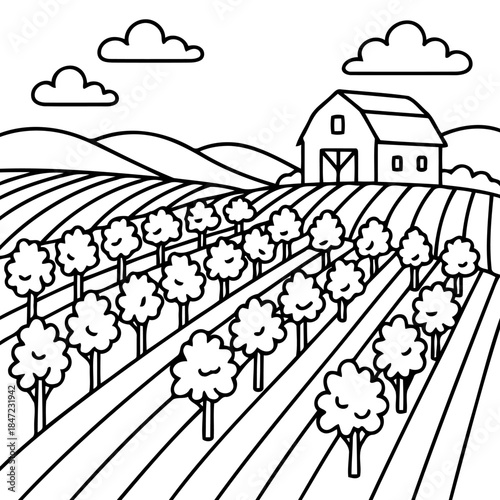 Orchard Landscape Illustration: A serene illustration presents a structured orchard, with rows of budding trees leading toward a charming barn under a cloudy sky.